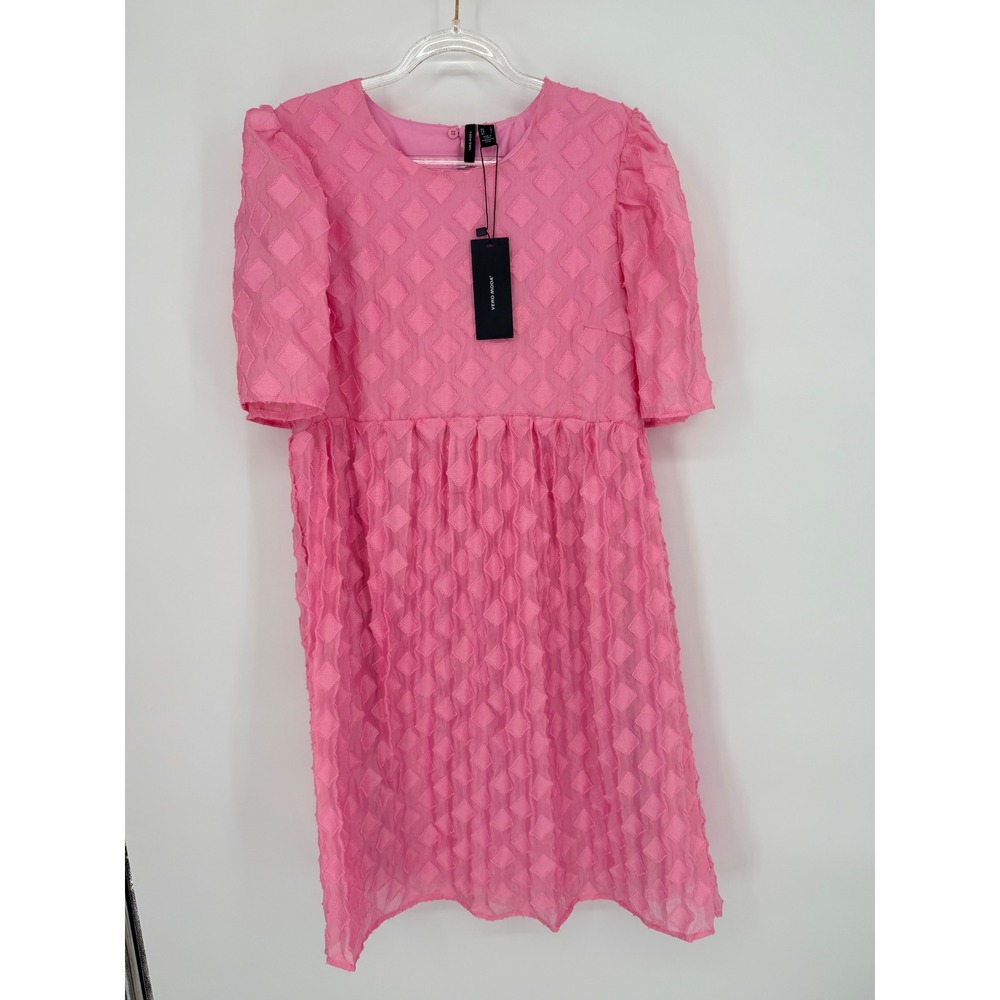 Vero Moda Pink Textured Diamond Puff Sleeve Babydoll Mini Dress 24‎ L NEW